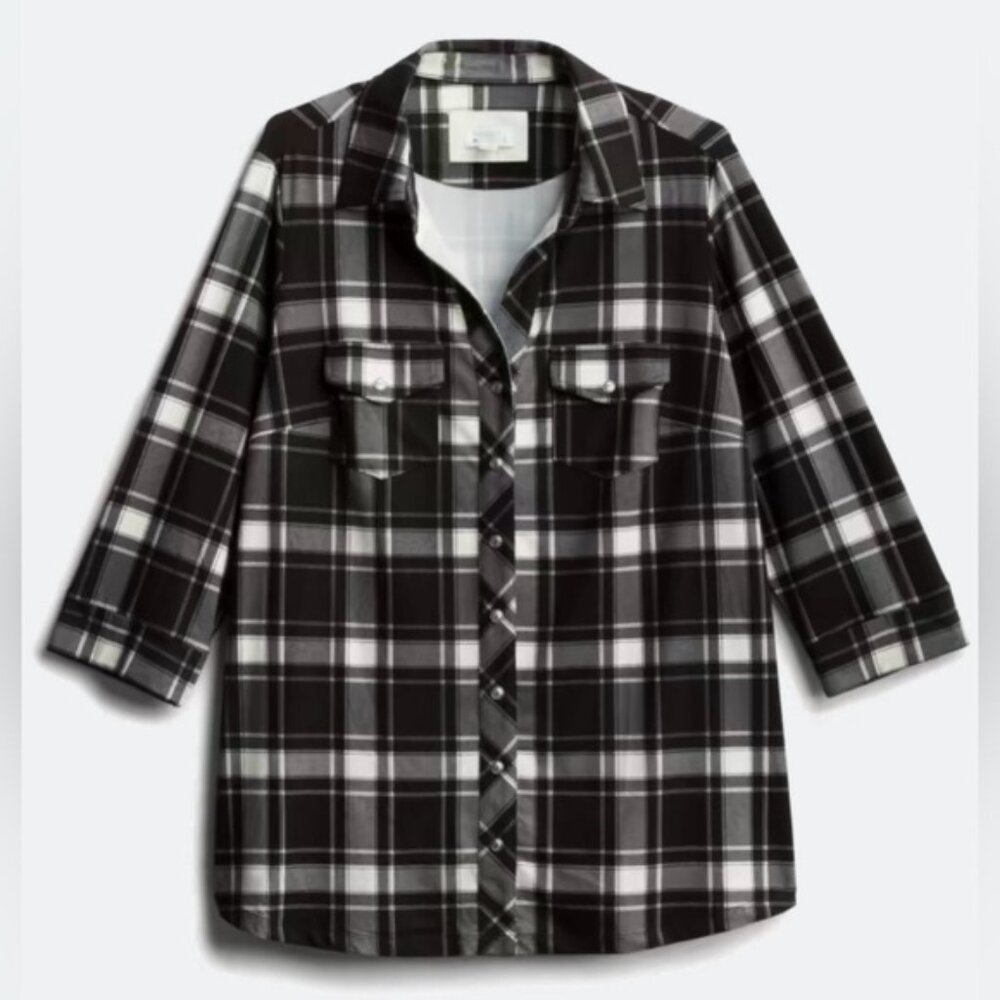 Market & Spruce Black and White Perrina Plaid Button Down Knit Top